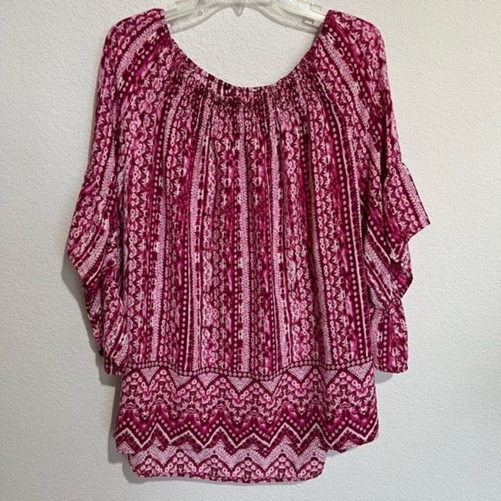 Time & Tru Boho Indie Chic Magenta Burst Smock Front Short Angel Sleeve Top 14W